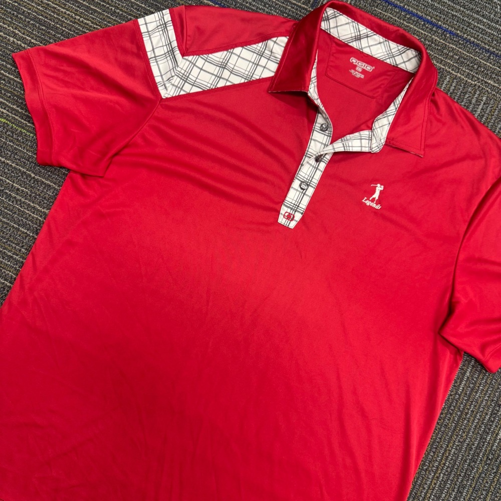 OGIO Golf Polo Shirt Mens XXL Red Excellent Plaid Trim Legends Logo Performance